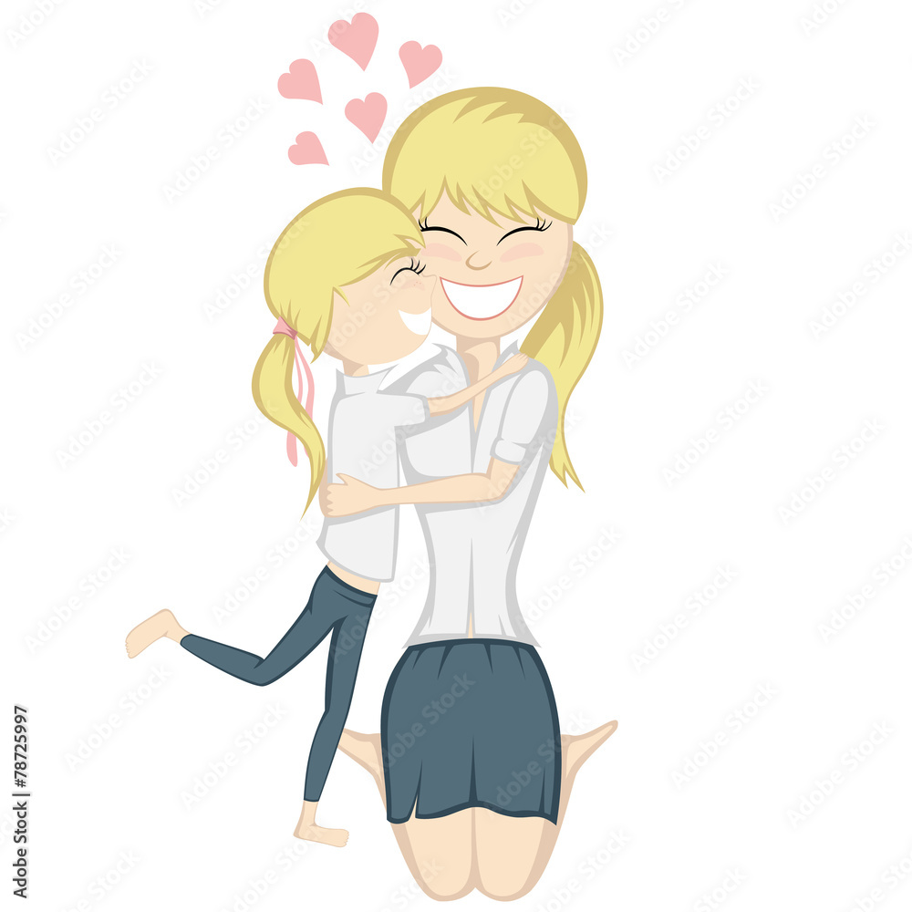 A cute blonde girl hugs her blonde mother with love. A cute blonde girl hugs her blonde mother with love.