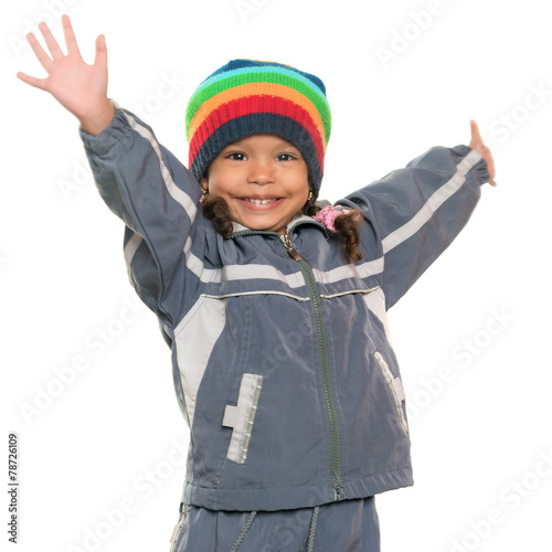 Funny multiracial small girl offering a hug