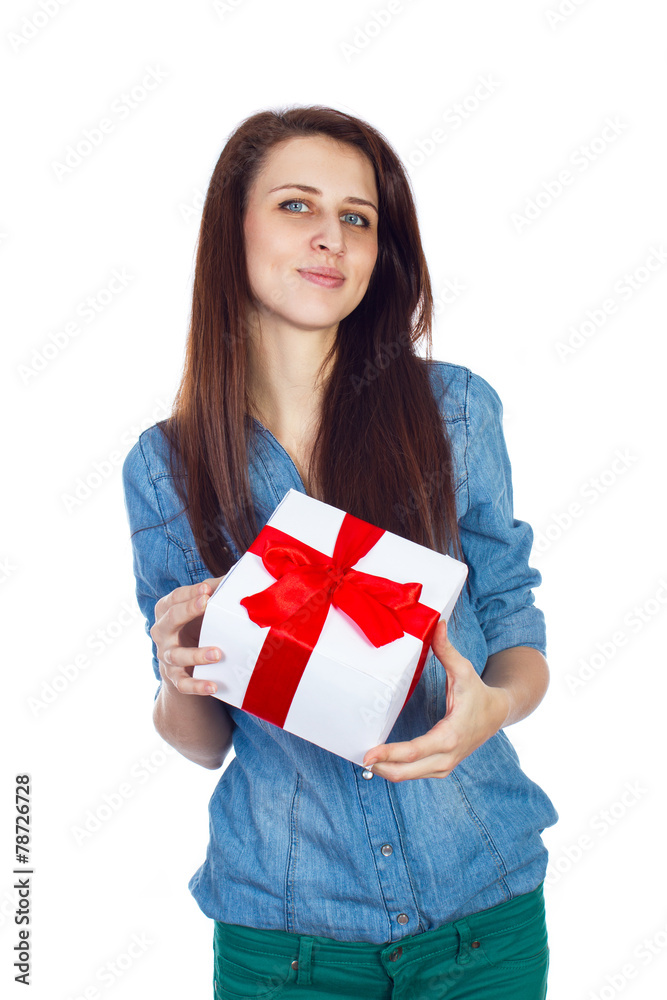 Beautiful brunette with long hair with gift box in hand Beautiful brunette with long hair with gift box in hand