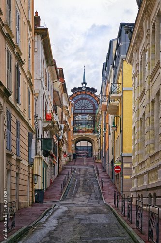 Street near the spring in Evian-les-Bains in France in the New y