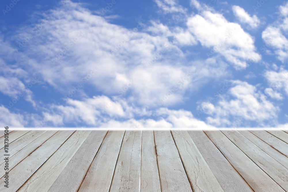 Blue sky with white clouds and wooden floor, business concept pr