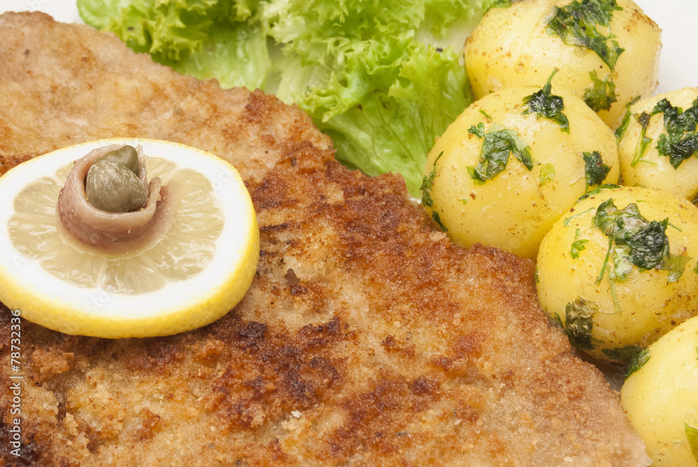 Wiener Schnitzel mit Petersilienkartoffeln und grünem Salat Stock Photo ...