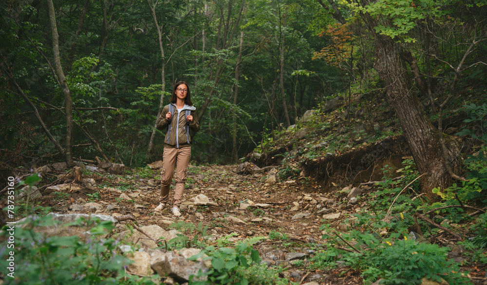 Obraz premium Hiker woman walking in summer forest