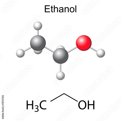 Structural chemical formula and model of ethanol molecule