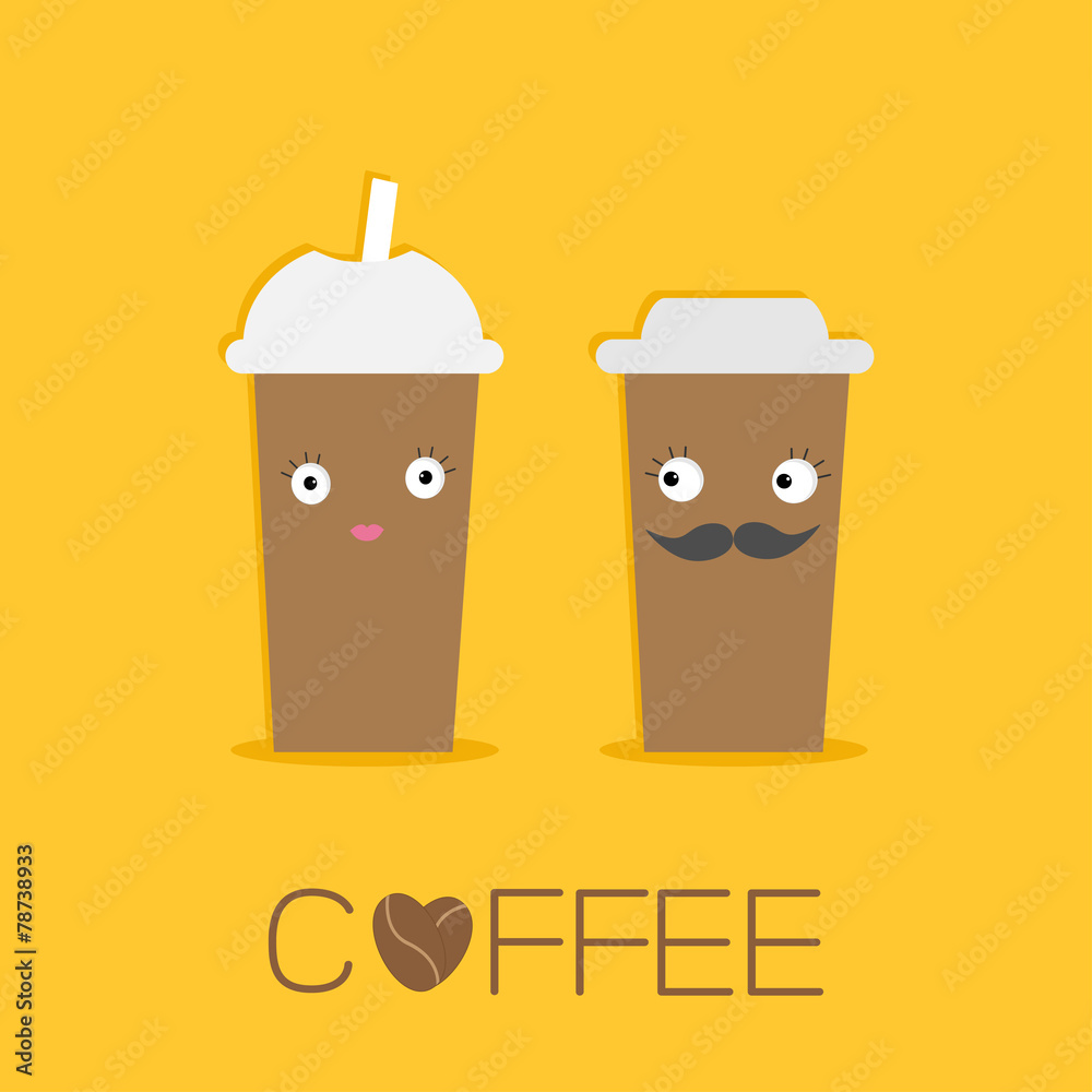 Two disposable coffee paper cups with eyes mustache lips Flat Two disposable coffee paper cups with eyes mustache lips Flat
