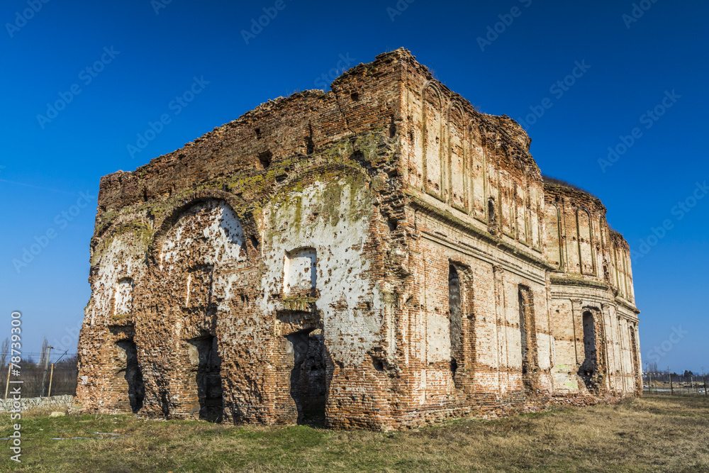 Ancient church ruins with massive brick walls