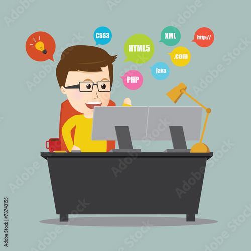 Vector of Programmer .web design on workstation desk