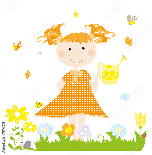 little girl with watering can - vectors illustration