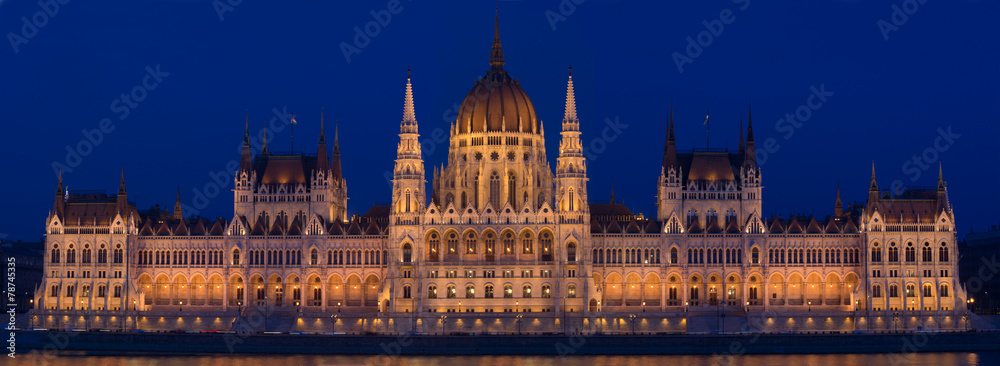 Panoramic view of the famous Parliament building in Budapest illuminated at night in Hungary