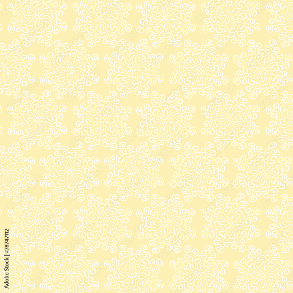 White circular floral pattern on yellow background White circular floral pattern on yellow background