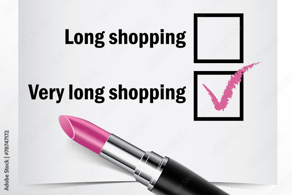 Tick box with lipstick, Long shopping concept of woman choice Tick box with lipstick, Long shopping concept of woman choice