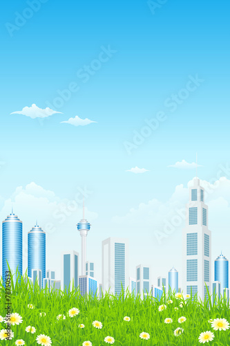 Green Grass with Skyscrapers