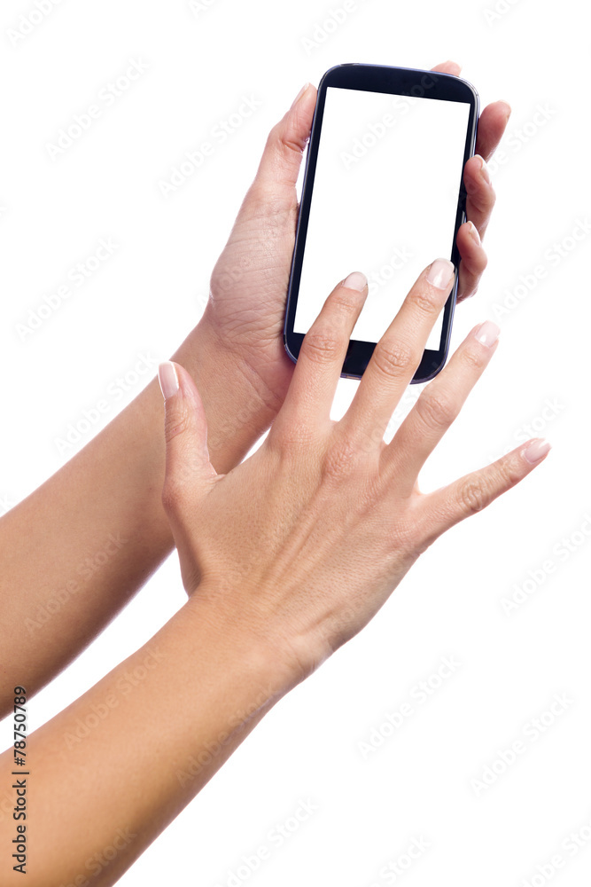 Hand touching the screen of a smartphone Hand touching the screen of a smartphone