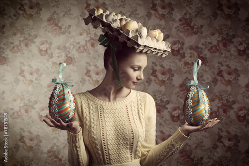 vintage woman with easter eggs photo