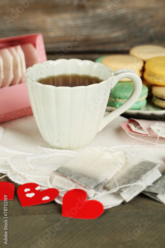 Heart shaped teabag tags  macaroons and cup of tea