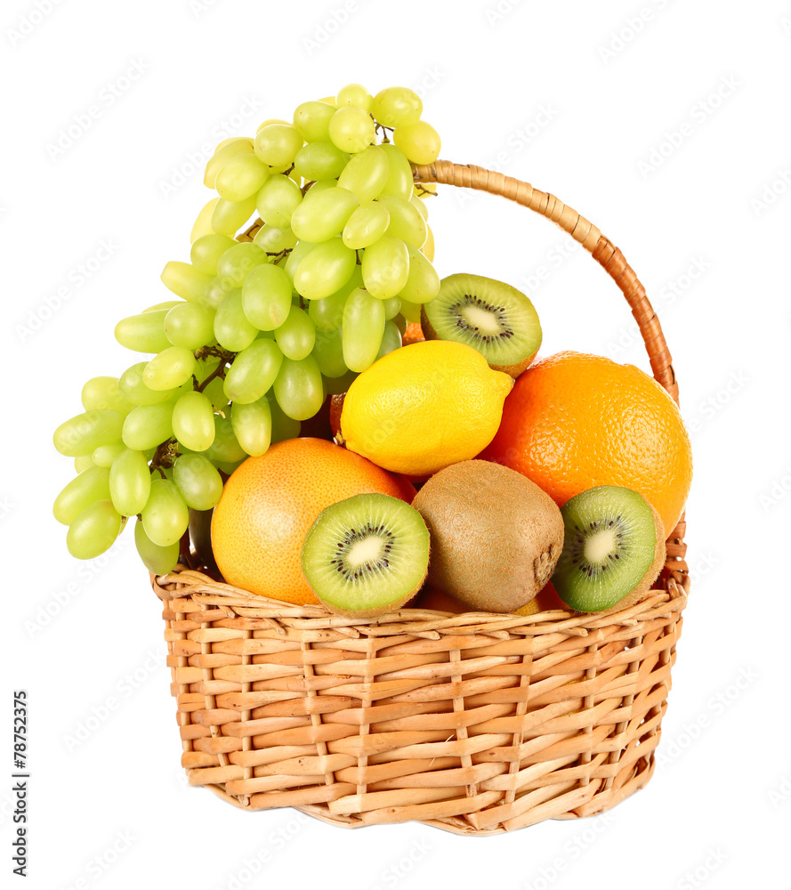 Assortment of fruits in basket isolated on white Assortment of fruits in basket isolated on white