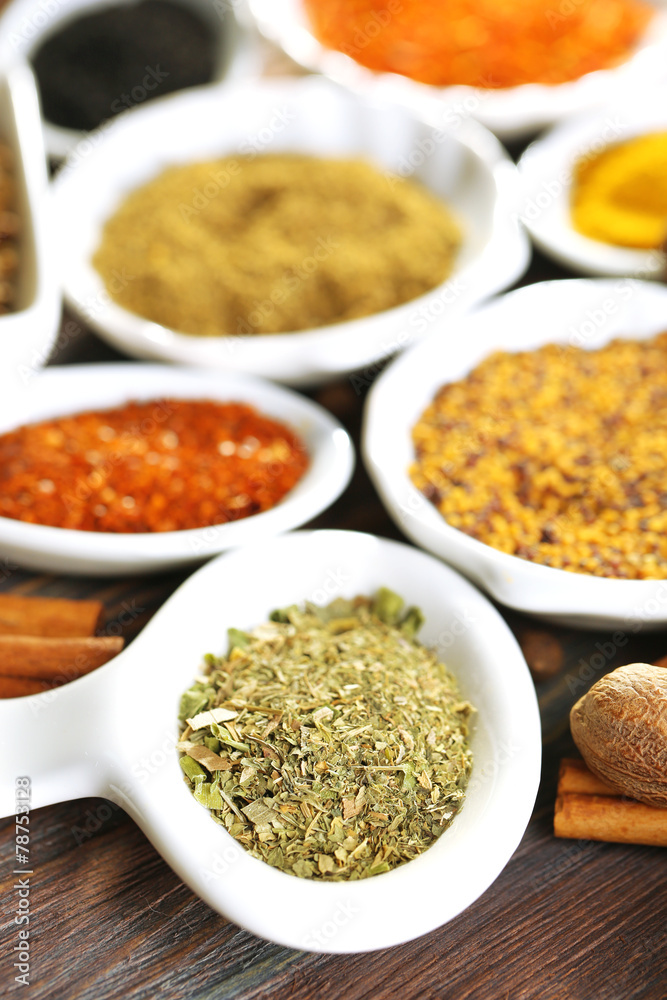 Different kinds of spices in ceramics spoons, close-up, Different kinds of spices in ceramics spoons, close-up,