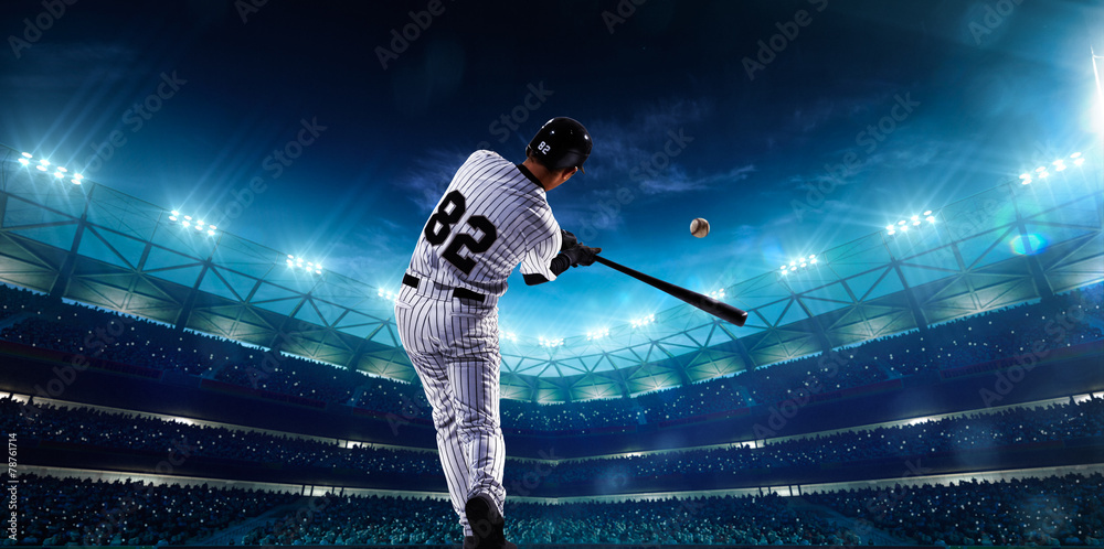 Professional baseball players on night grand arena - obrazy, fototapety, plakaty 