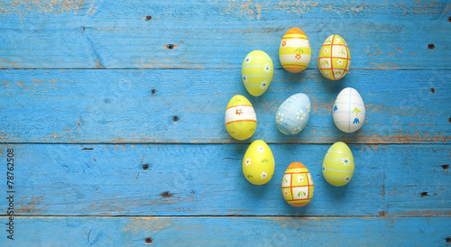 easter eggs on wooden background, free copy space