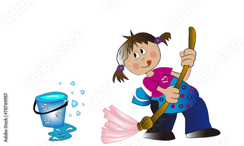 Niña limpiando el suelo con la fregona.