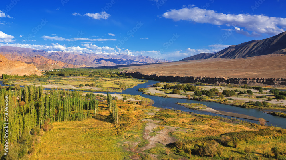 Naklejka premium Aerial view of Leh City, green landscape with ice peaks , blue sky with clouds in background , Ladakh, Jammu and Kashmir, India