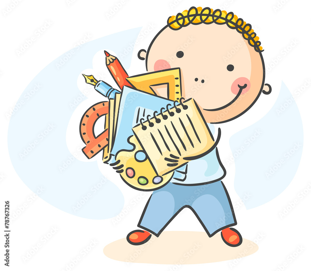Cartoon schoolboy with lots of school things Stock Vector | Adobe Stock