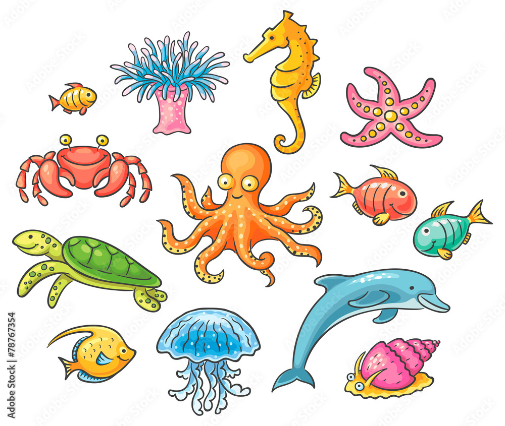 Obraz premium Set of cartoon sea animals