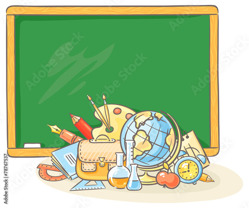 Blackboard with many school things