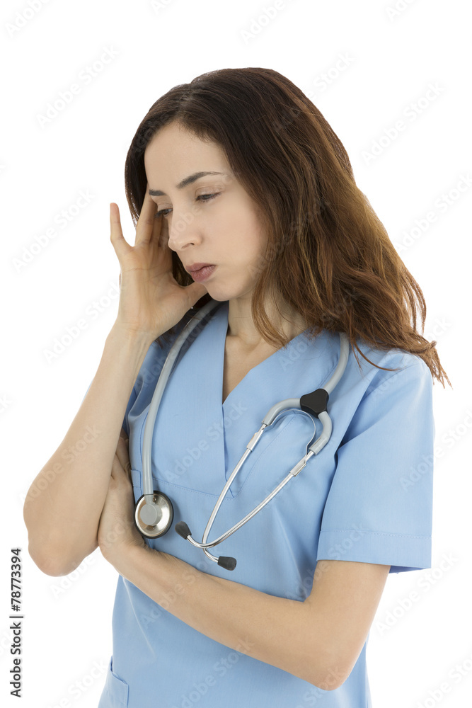 Stressed female nurse or doctor has headache Stressed female nurse or doctor has headache
