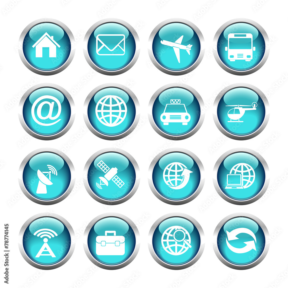 Set of buttons for web, globe, mail, transportation, home. Set of buttons for web, globe, mail, transportation, home.