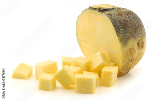 fresh turnip(brassica rapa rapa) and some cut blocks