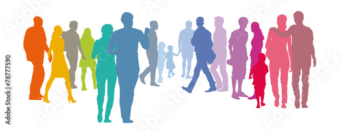 Abstrakte Menschengruppe - Paare in Pastellfarben, Silhouette, Set Menschen, Solidarität, Gemeinwohl der Gesellschaft, Grundeinkommen, Existenzen sichern durch Zusammenhalt 