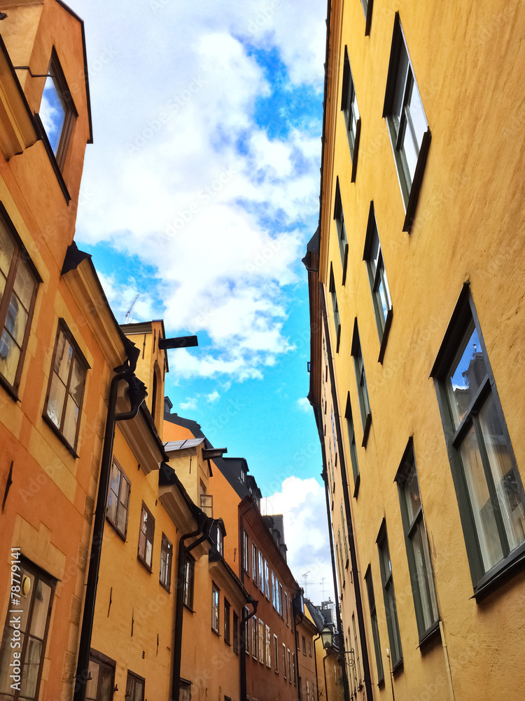 Bright buildings in the old center of Stockholm
