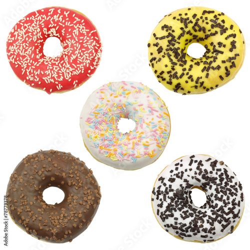  colorful glazed donuts with sprinkles on a white background