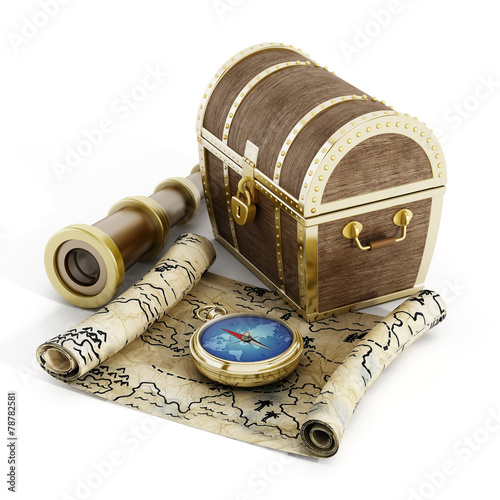Schilderij op canvas Treasure chest, map, compass and binoculars