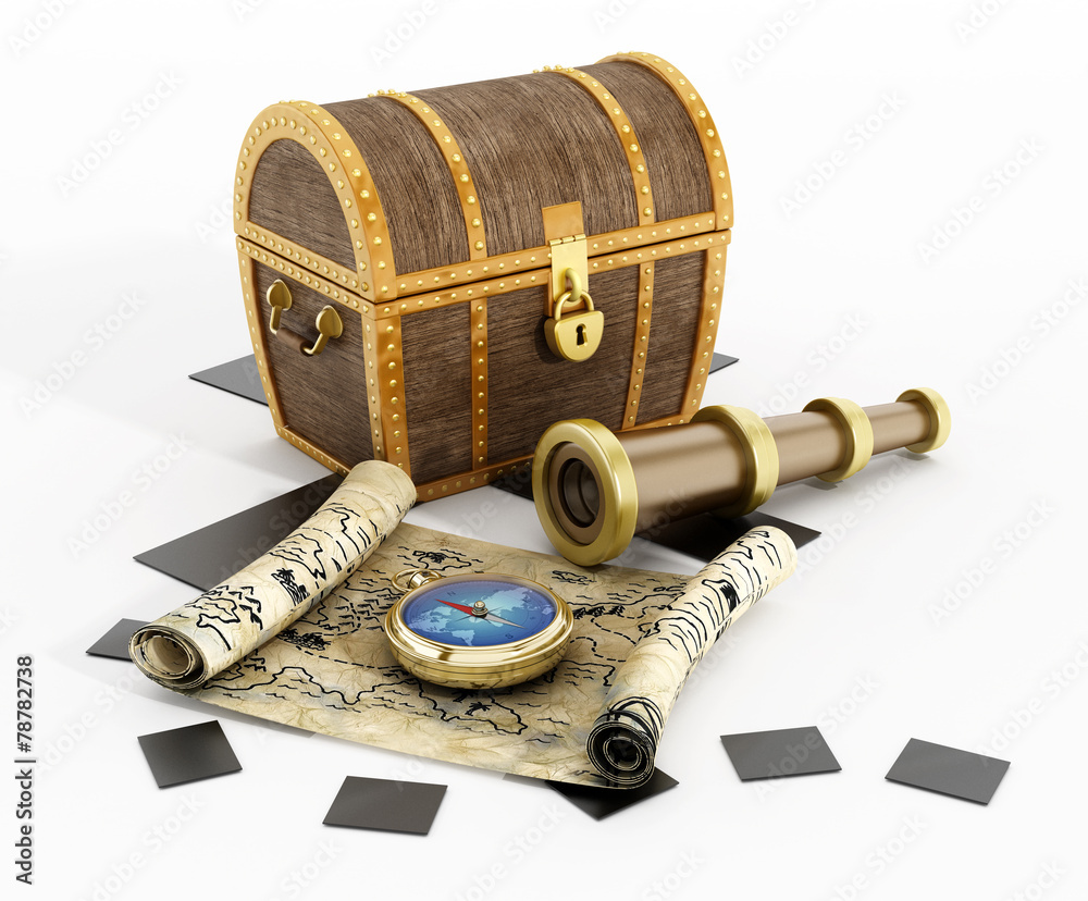 Foto Treasure chest, map, compass and binoculars