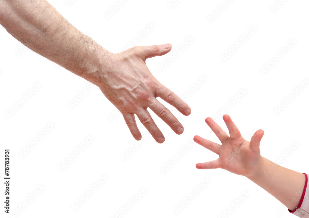man's hand and   hand baby isolated on white background. Various