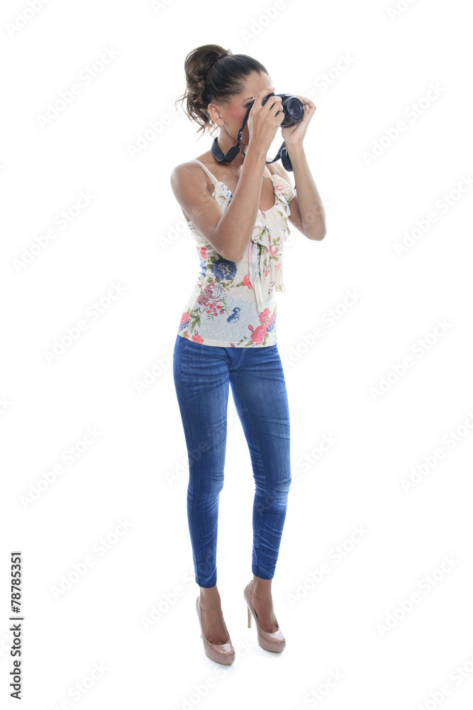 Girl-photographer takes snaps, isolated on white Girl-photographer takes snaps, isolated on white