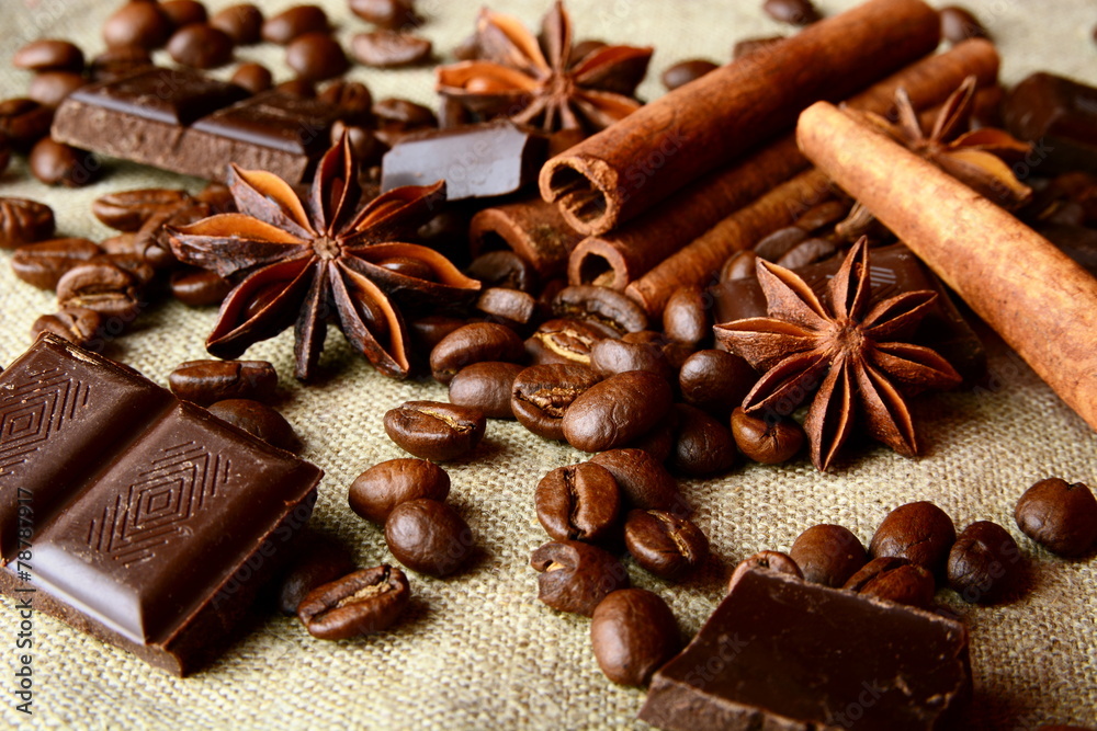 Aromatic assortment of chocolate,coffee,anise and cinnamon on li