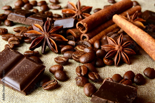 Aromatic assortment of chocolate,coffee,anise and cinnamon on li