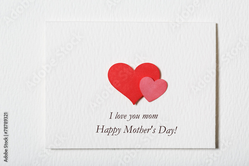 Happy Mothers Day white message card with hearts