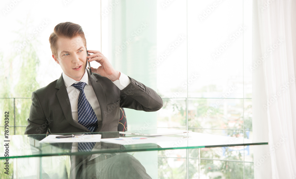 Handsome businessman in suit speaking on the phone in office Handsome businessman in suit speaking on the phone in office