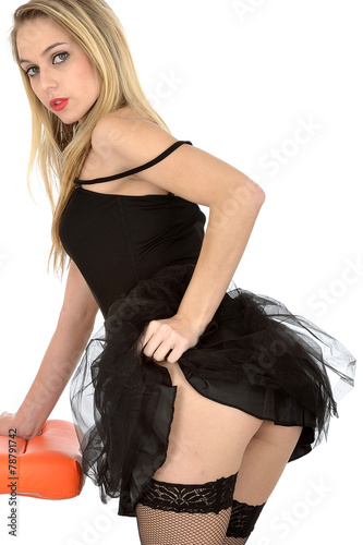 Attractive Young Woman Short Black Party Dress photo