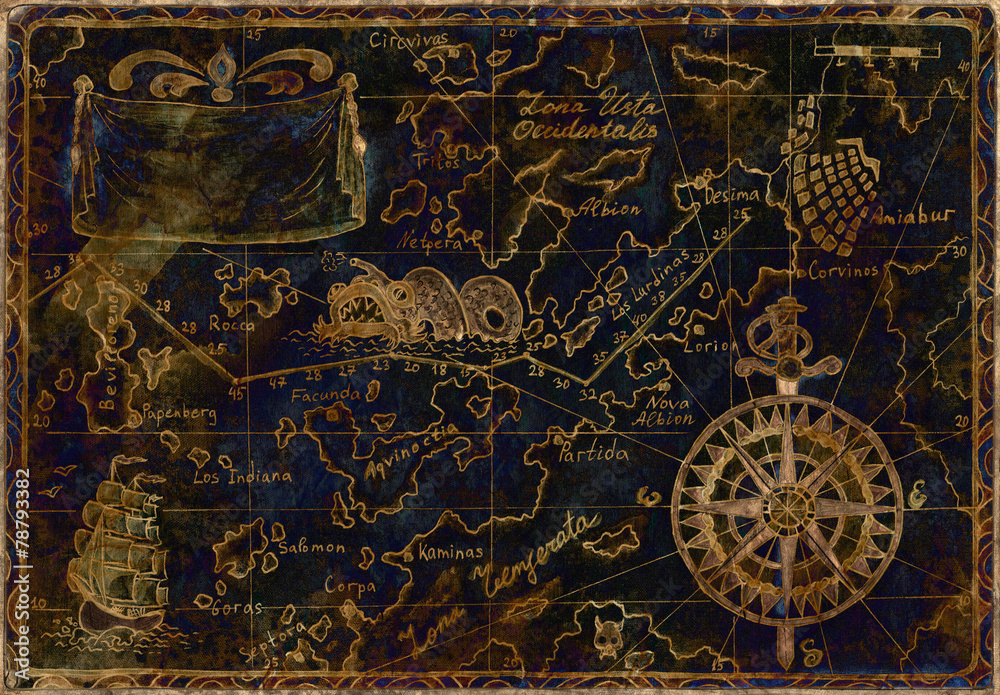 Naklejka premium Blue and gold pirate map