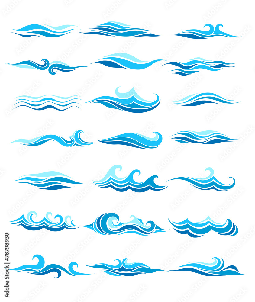 set icons, stylized waves and drops