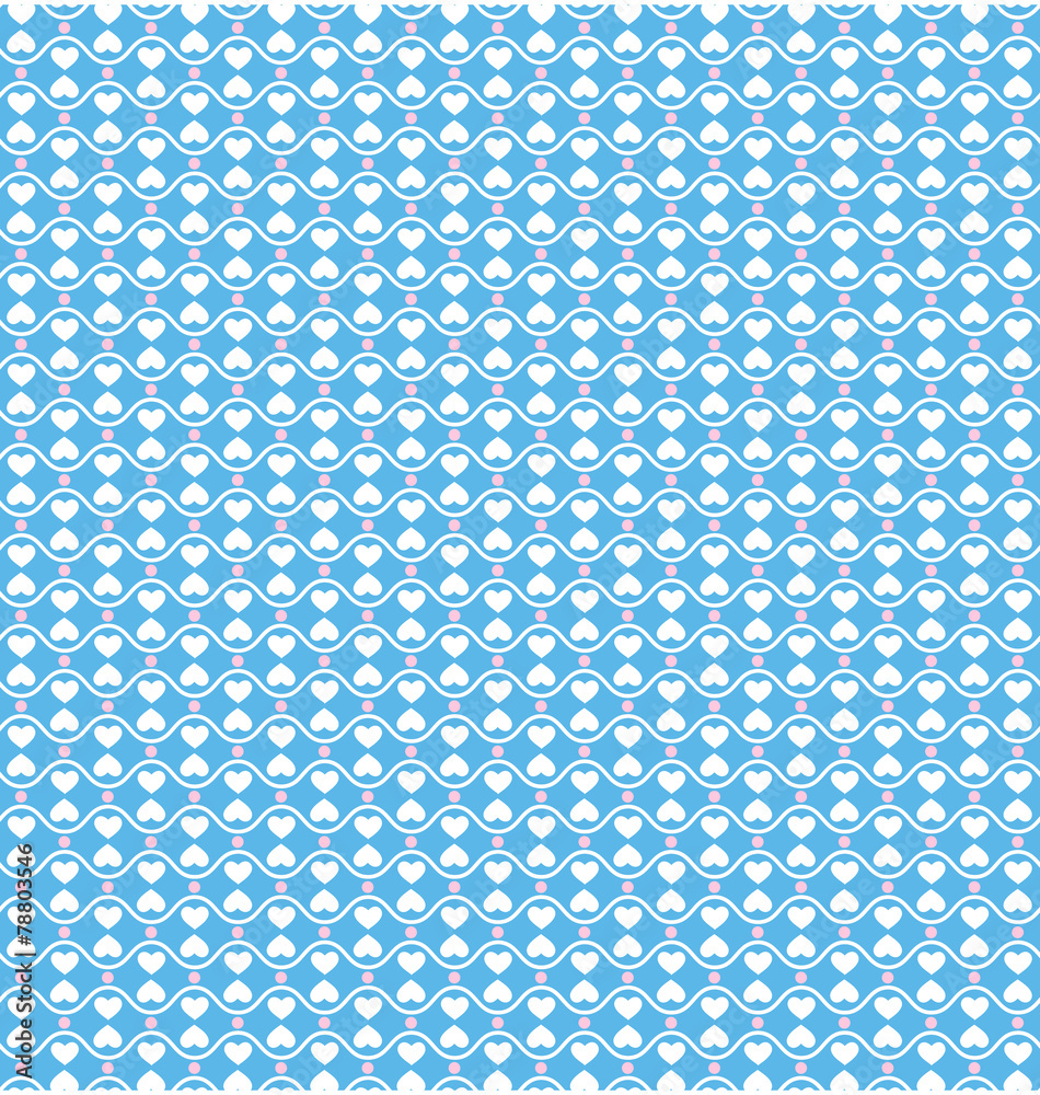 Seamless love pattern. White hearts and pink dots on blue backgr