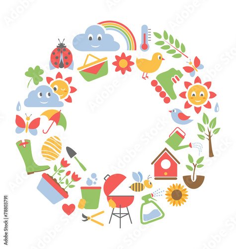 Spring flat icons in circle isolated on white background