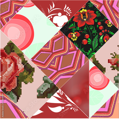 seamless patchwork pattern with flowers - stock vector