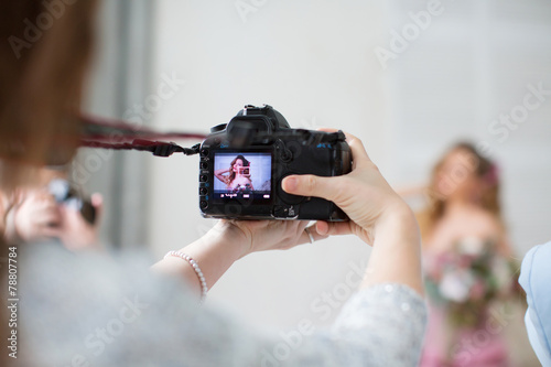 Fashion photographer and model working together.