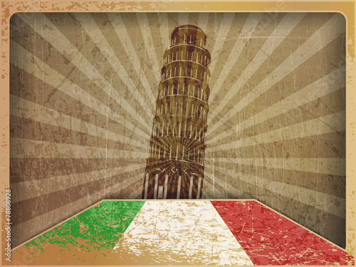 Vintage postcard: Leaning Tower of Pisa, Italy flag
